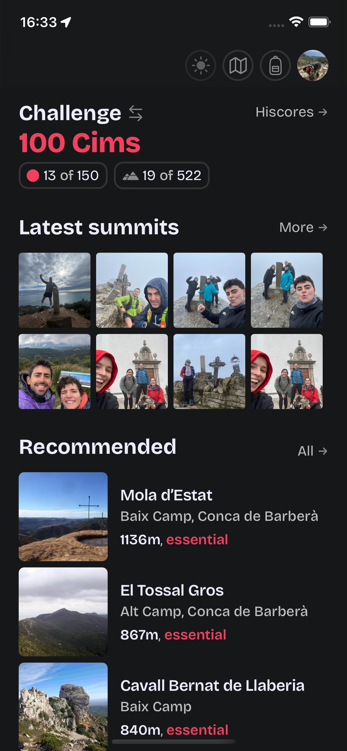 App homepage showing challenges